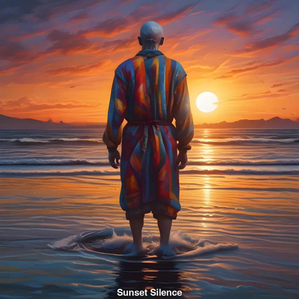 Person in buntem Gewand steht im Sonnenuntergang am Meer – meditatives Kunstwerk über Stille, Licht und Selbstbegegnung.
