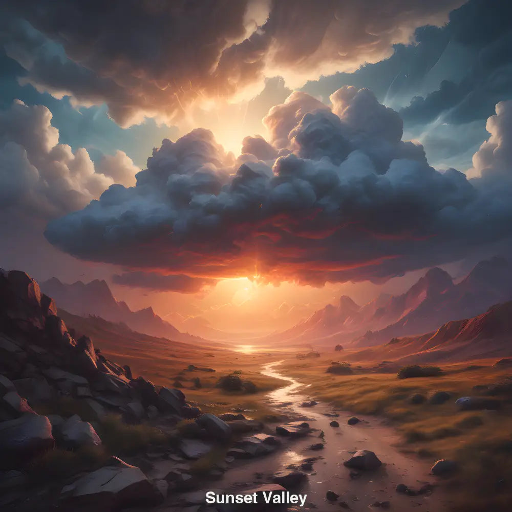 Tiefes Tal mit fließendem Bach im Sonnenuntergang, dramatische Wolken und Bergkulisse – digitale Landschaftskunst.