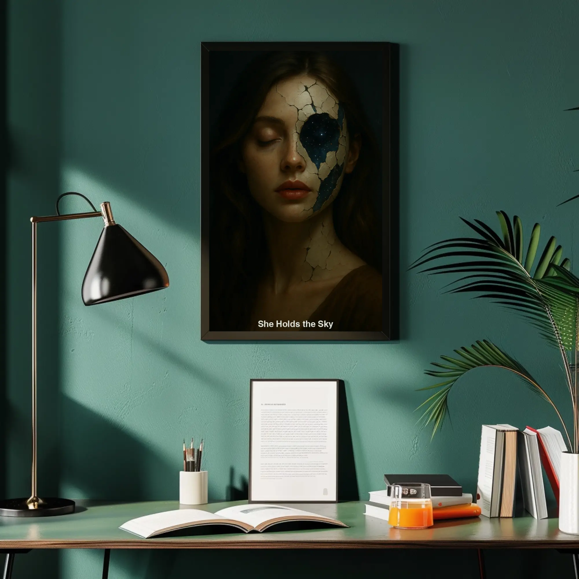 Mystisches Frauenportrait mit dunkler Ästhetik und surrealen Elementen