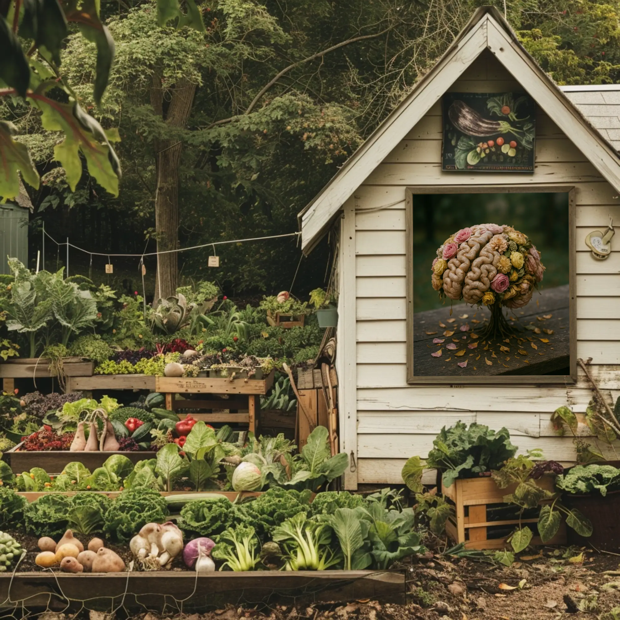 Fine Art Print mit Gehirn Pflanze Motiv an Gartenhaus im Garten