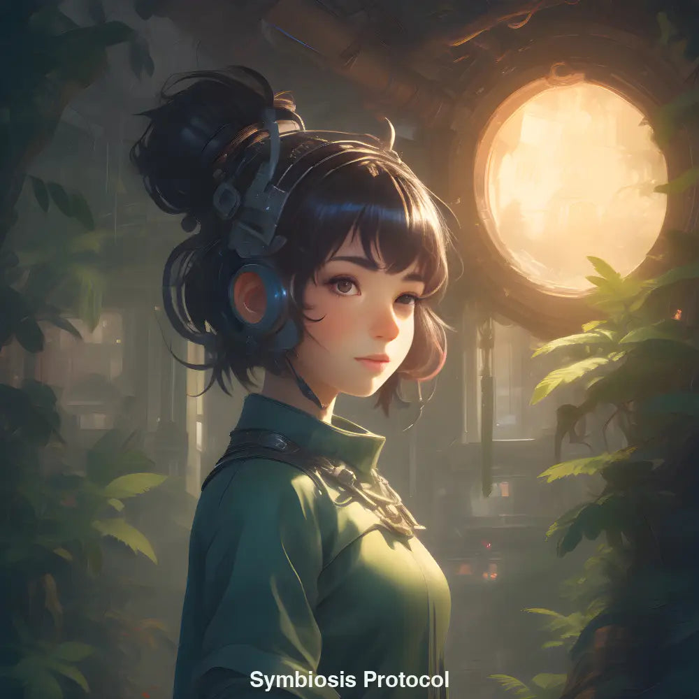 Porträt eines jungen Mädchens mit futuristischen Kopfhörern in einem üppig bewachsenen, technologischen Innenraum