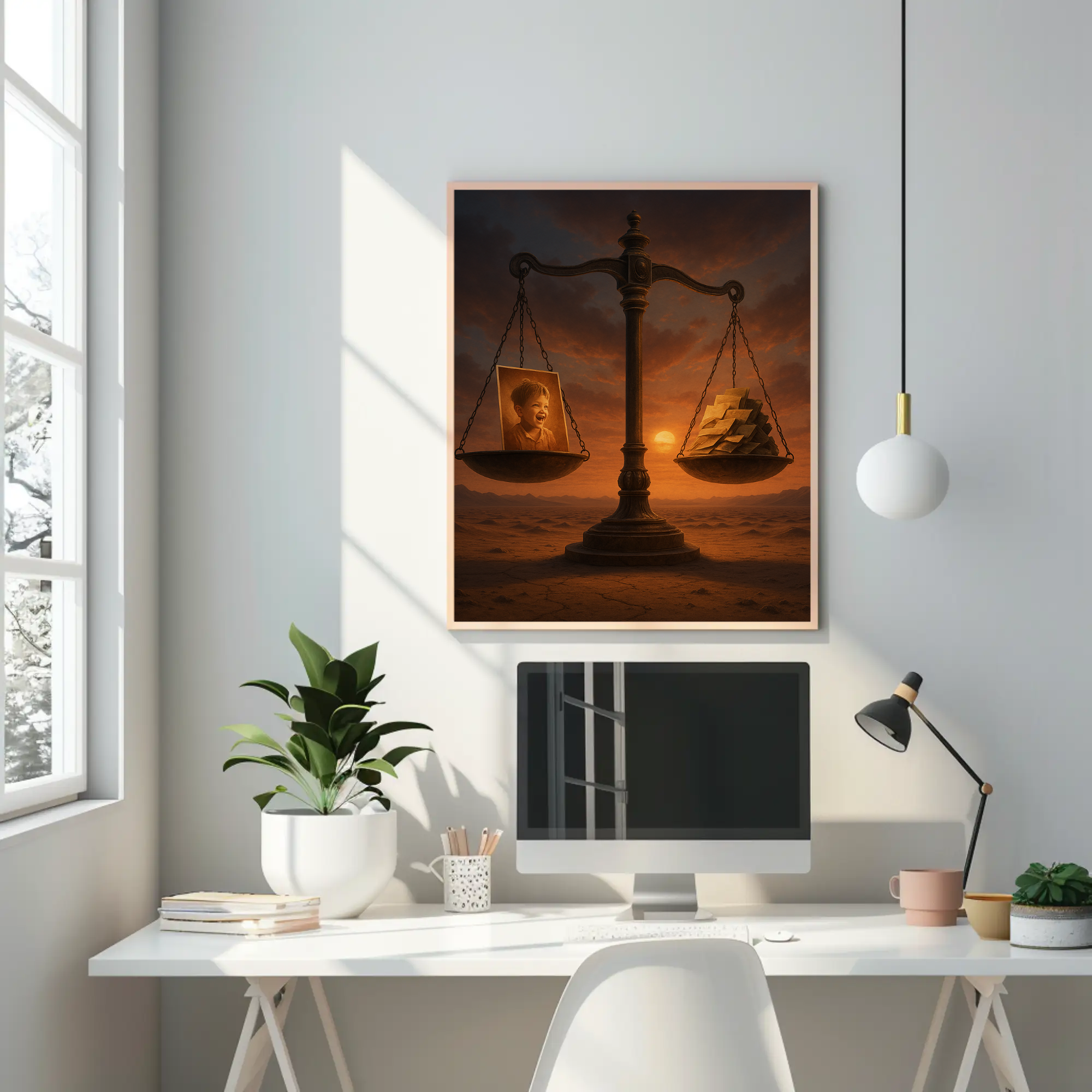 Fine Art Print mit leuchtender Waage und symbolischer Darstellung von Zeit in stilvoller Wohnumgebung.