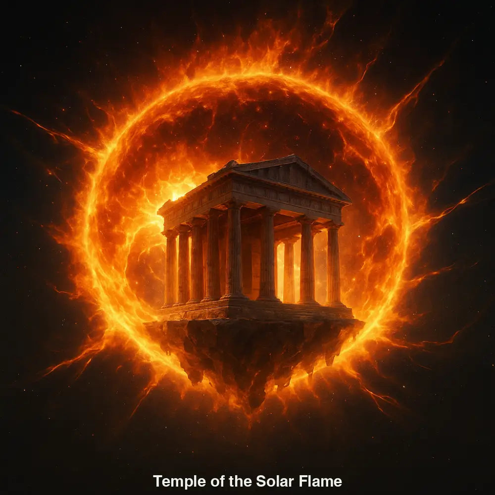 Antiker Tempel schwebt in einem brennenden Sonnenring – kosmische KI-Kunst mit mystischer Energie