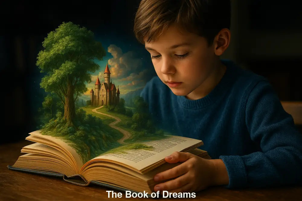 Junge liest Buch, aus dem Baum und Schloss erwachsen – märchenhafte KI-Kunst über Fantasie und Kindheit