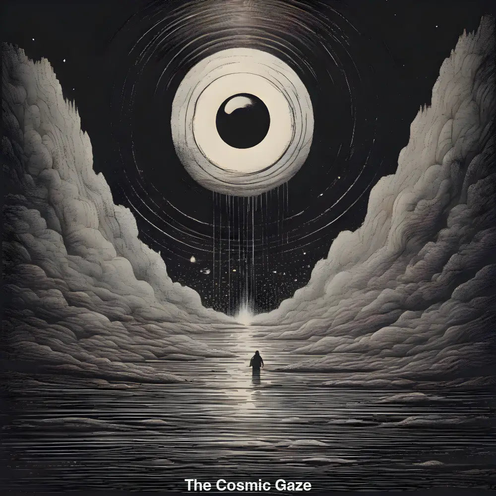 Surrealistisches Kunstwerk mit einer einsamen Figur auf spiegelndem Wasser, überragt von einem riesigen leuchtenden Auge