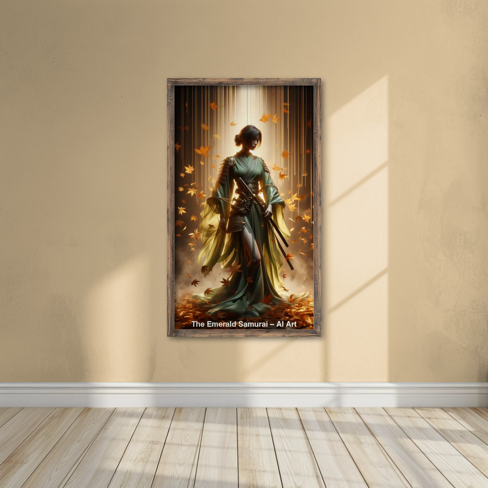 Mockup von The Emerald Samurai – AI Art, smaragdgrüne Kriegerin mit Schwert in goldenem Blätterfall und mystischem Licht.