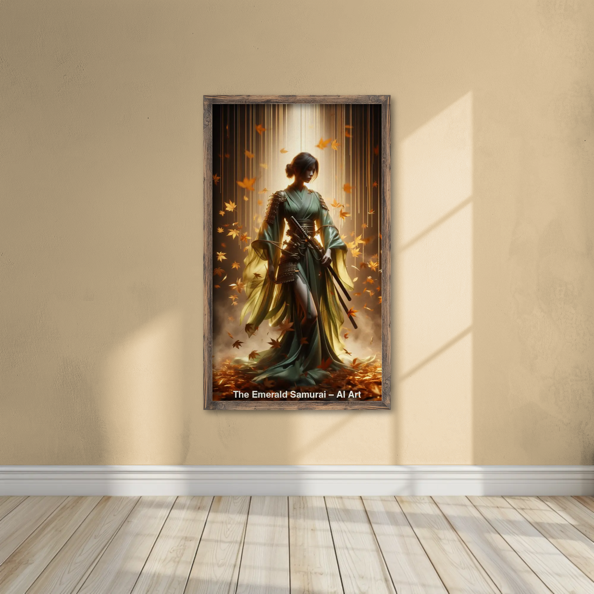 Mockup von The Emerald Samurai – AI Art, smaragdgrüne Kriegerin mit Schwert in goldenem Blätterfall und mystischem Licht.