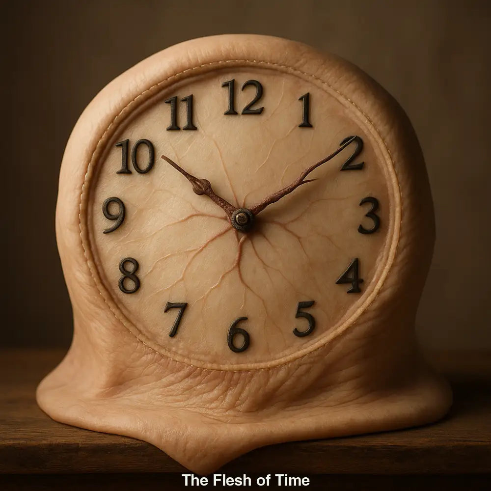 Surreale Uhr mit hautartiger Struktur – ein KI-generiertes Bild, das Zeit und Körper symbolisch verbindet.