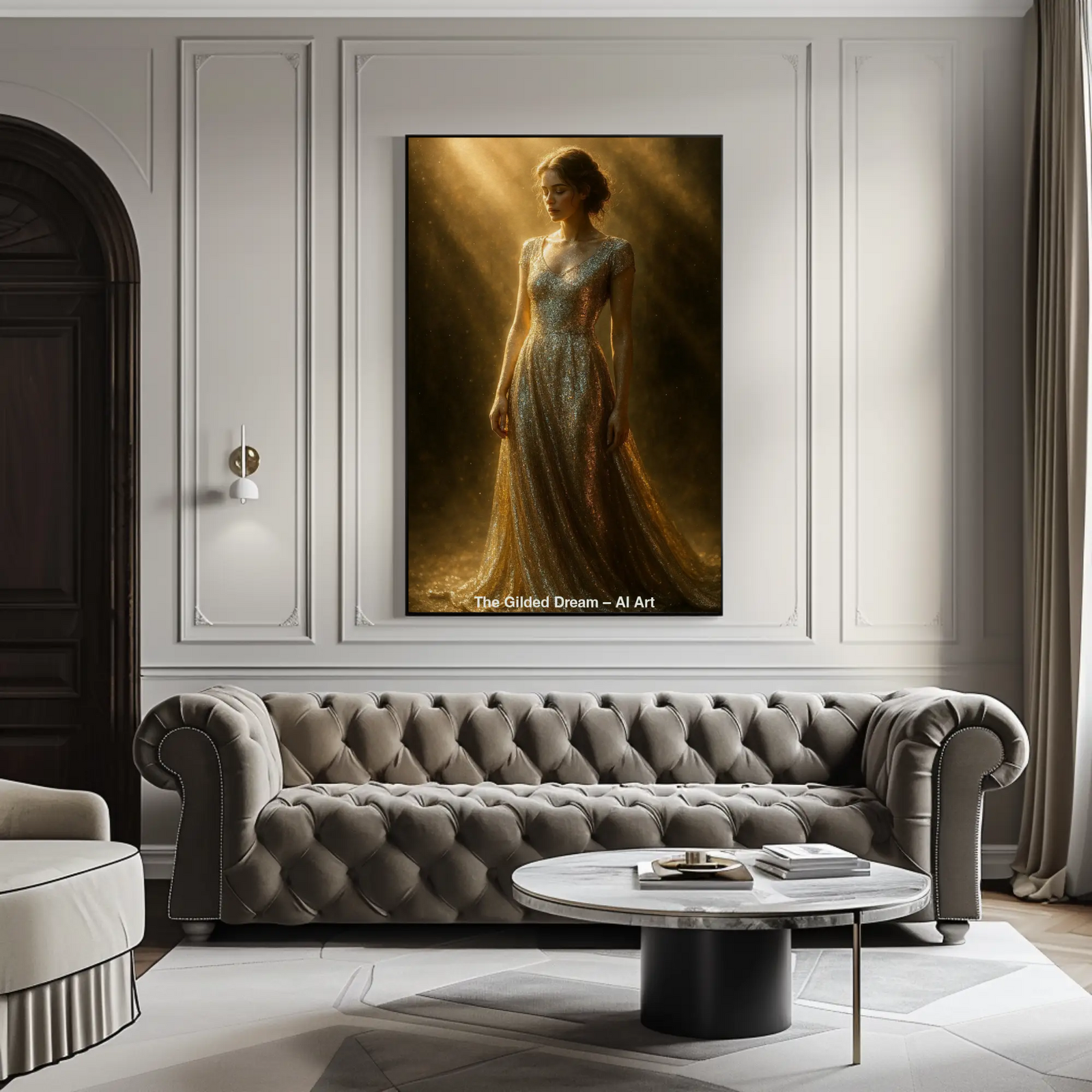 Mockup von The Gilded Dream – AI Art, Frau im goldenen Kleid im sanften Licht, strahlend und elegant dargestellt.