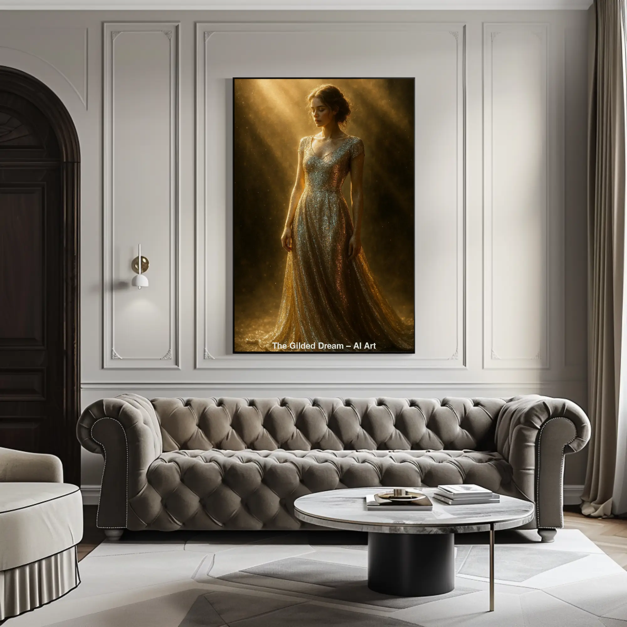 Mockup von The Gilded Dream – AI Art, Frau im goldenen Kleid im sanften Licht, strahlend und elegant dargestellt.