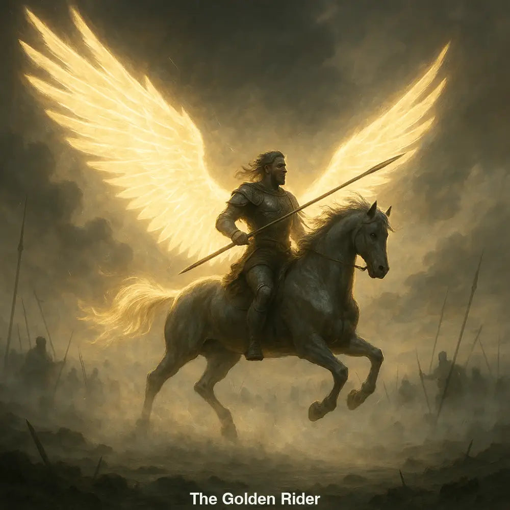 Geflügelter Krieger auf weißem Pferd im Schlachtnebel mit goldenen Flügeln – epische Fantasy-Szene mit göttlicher Aura.