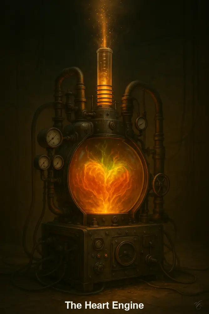 KI-generierte Steampunk-Maschine mit flammendem Herz – Symbol für Emotion, Energie und Technologie im retro-futuristischen Stil
