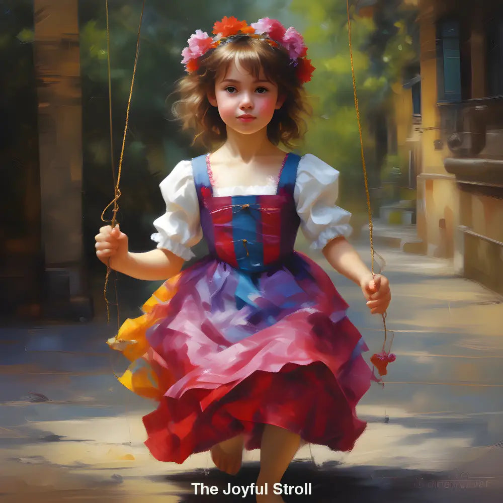 Tanzendes Mädchen mit Blumenkranz im Haar in einer sonnigen Gasse – KI-generiertes Kunstwerk voller Leichtigkeit & Lebensfreude