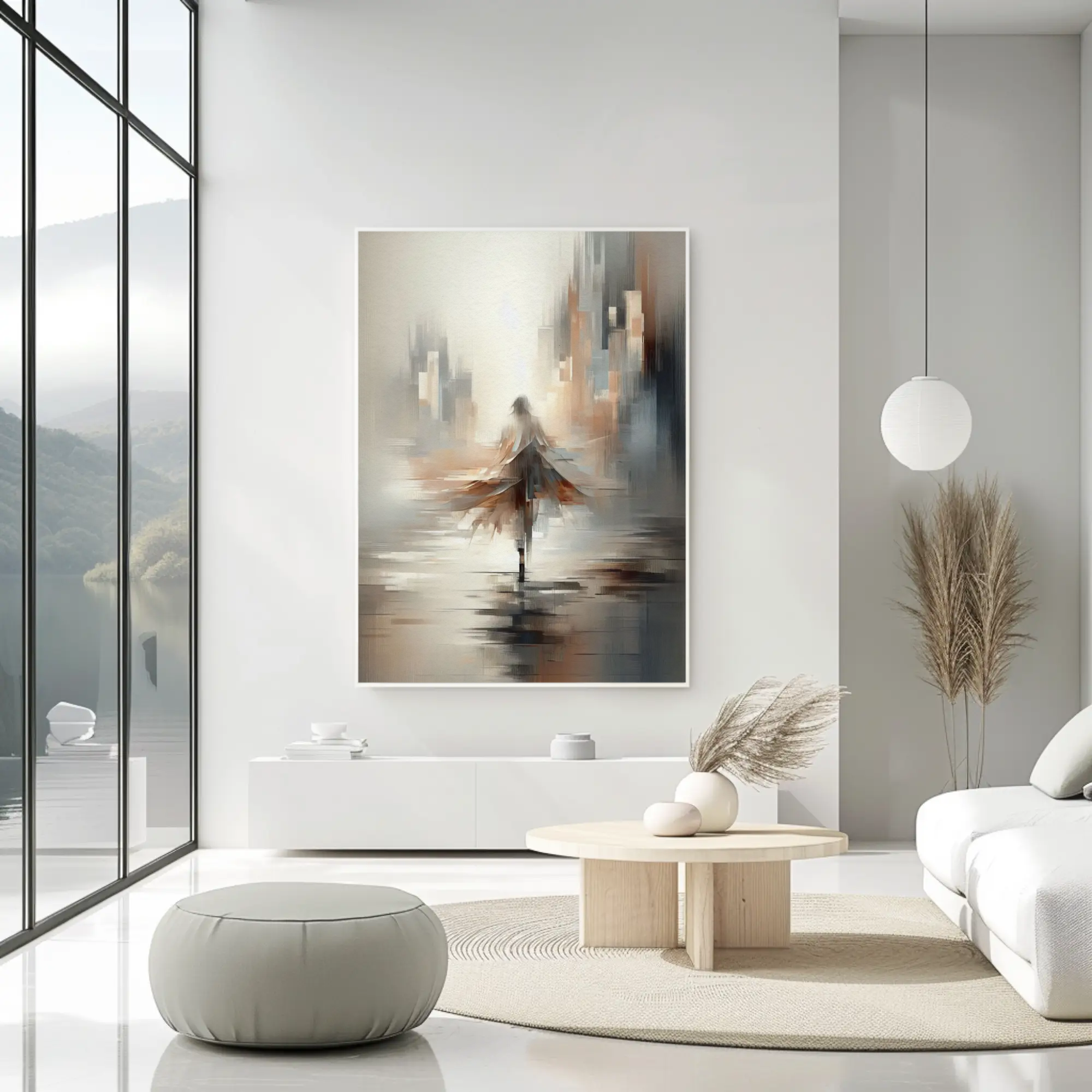 The Last Step Fine Art Print mit abstrakter Figur in sanften Beige- und Grautönen über moderner Einrichtung.