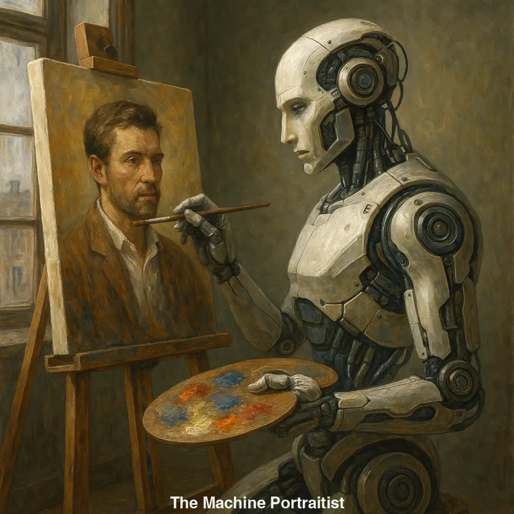 Humanoider Roboter malt klassisches Männerporträt in Atelier – KI-generierte Szene mit nostalgischer Lichtstimmung und retrofuturistischem Konzept