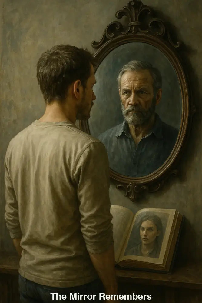 Junger Mann blickt in antiken Spiegel und sieht älteres Ich – KI-generiertes Kunstwerk über Erinnerung, Identität und Zeit