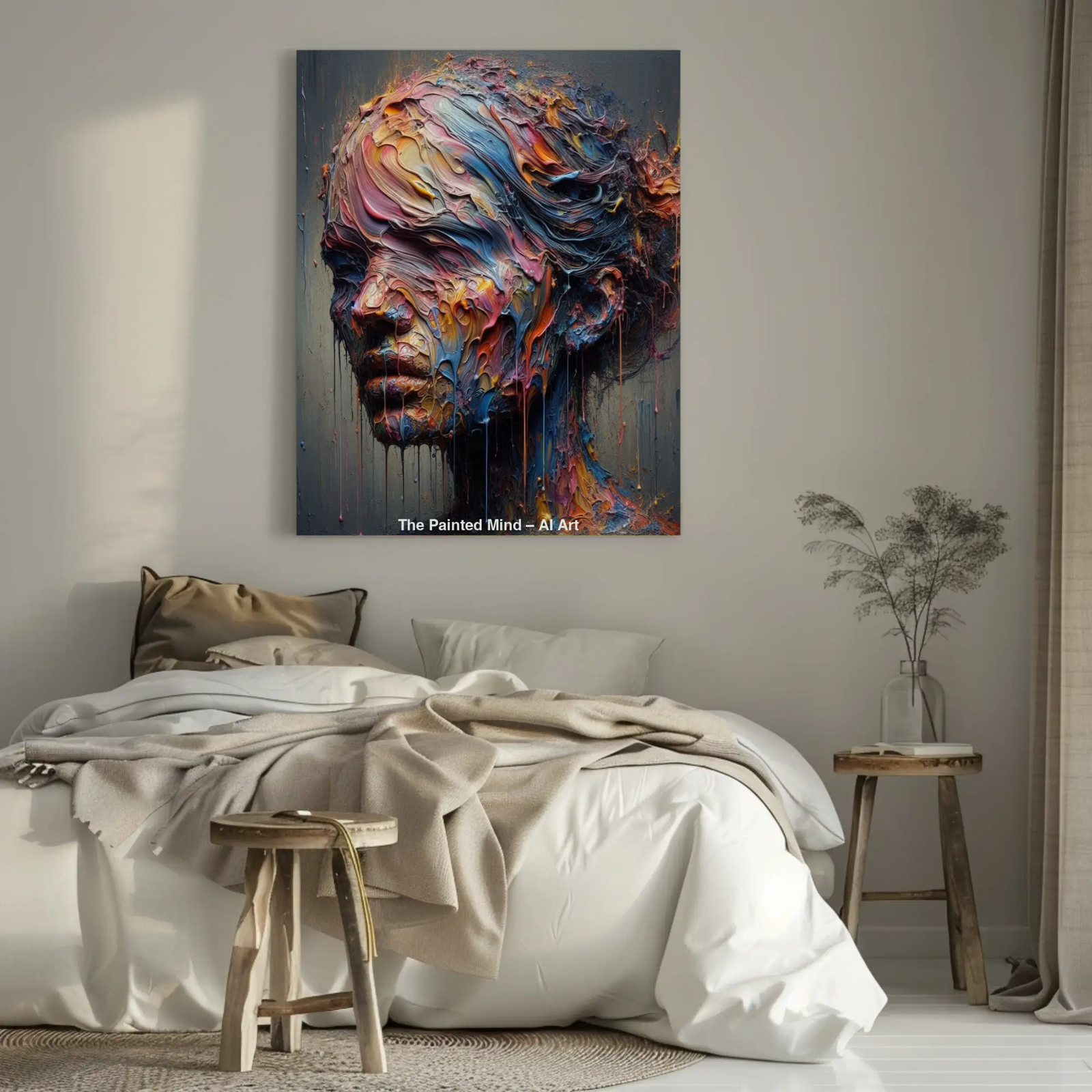 Mockup von The Painted Mind – AI Art, abstraktes Gesicht aus fließenden bunten Farbschichten mit intensiver Textur.