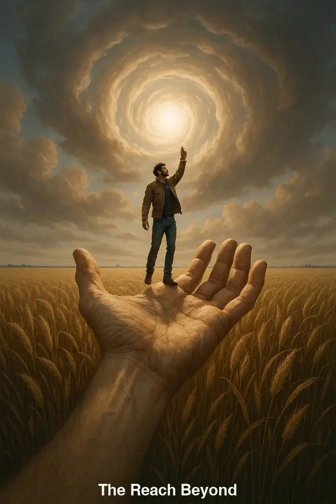 ki-kunst mann steht auf hand in weizenfeld und greift nach lichtwirbel – nur 1x erhältlich