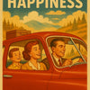 Fröhliche Familie im roten Auto auf Bergstraße – KI-generiertes Retro-Poster im 50er-Stil mit Slogan „The Road to Happiness