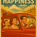 Fröhliche Familie im roten Auto auf Bergstraße – KI-generiertes Retro-Poster im 50er-Stil mit Slogan „The Road to Happiness