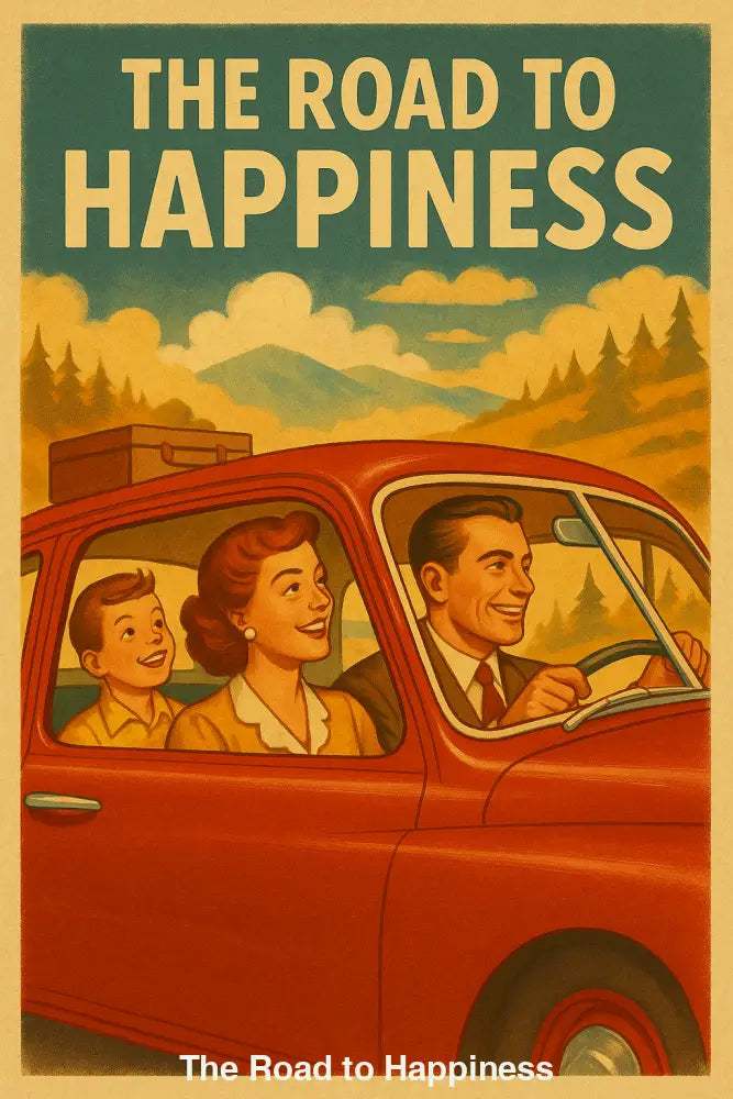 Fröhliche Familie im roten Auto auf Bergstraße – KI-generiertes Retro-Poster im 50er-Stil mit Slogan „The Road to Happiness