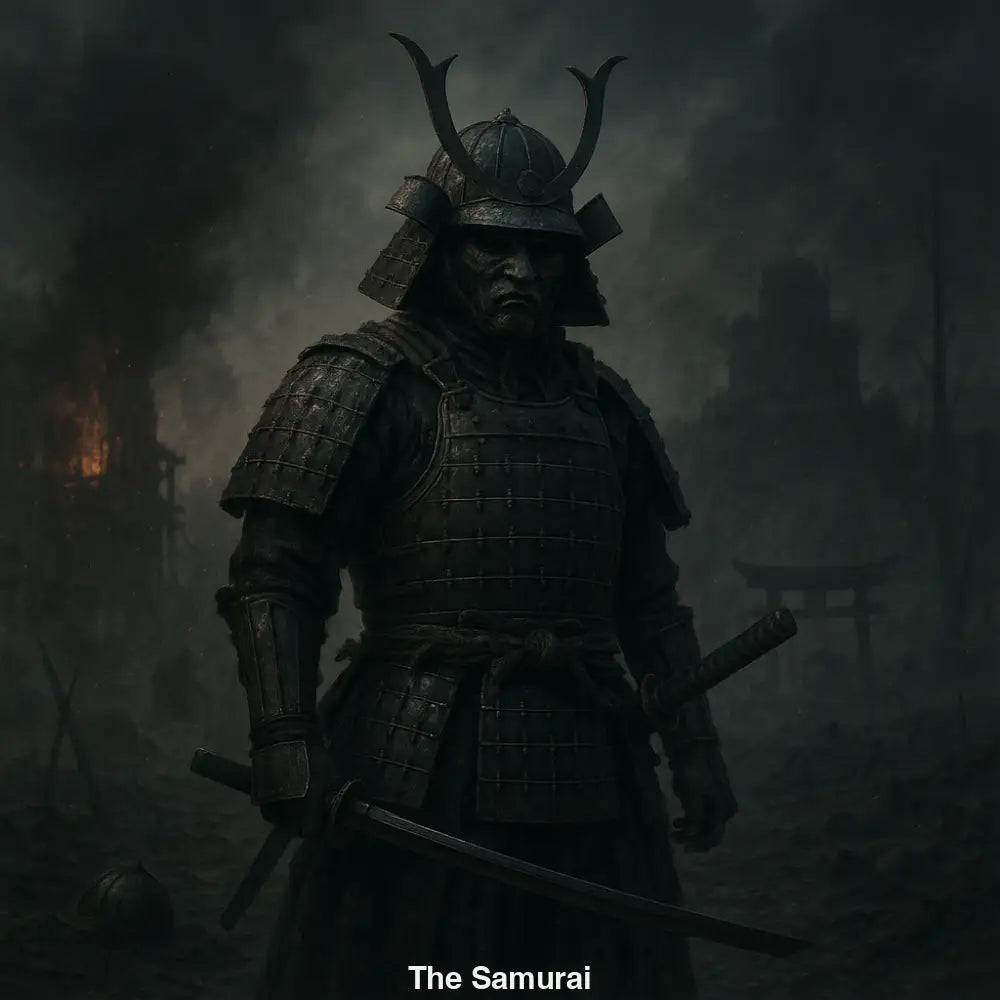 Samurai in traditioneller Rüstung mit Katana vor brennender Kulisse – KI-generiertes Kunstwerk über Ehre, Disziplin & japanische Kultur