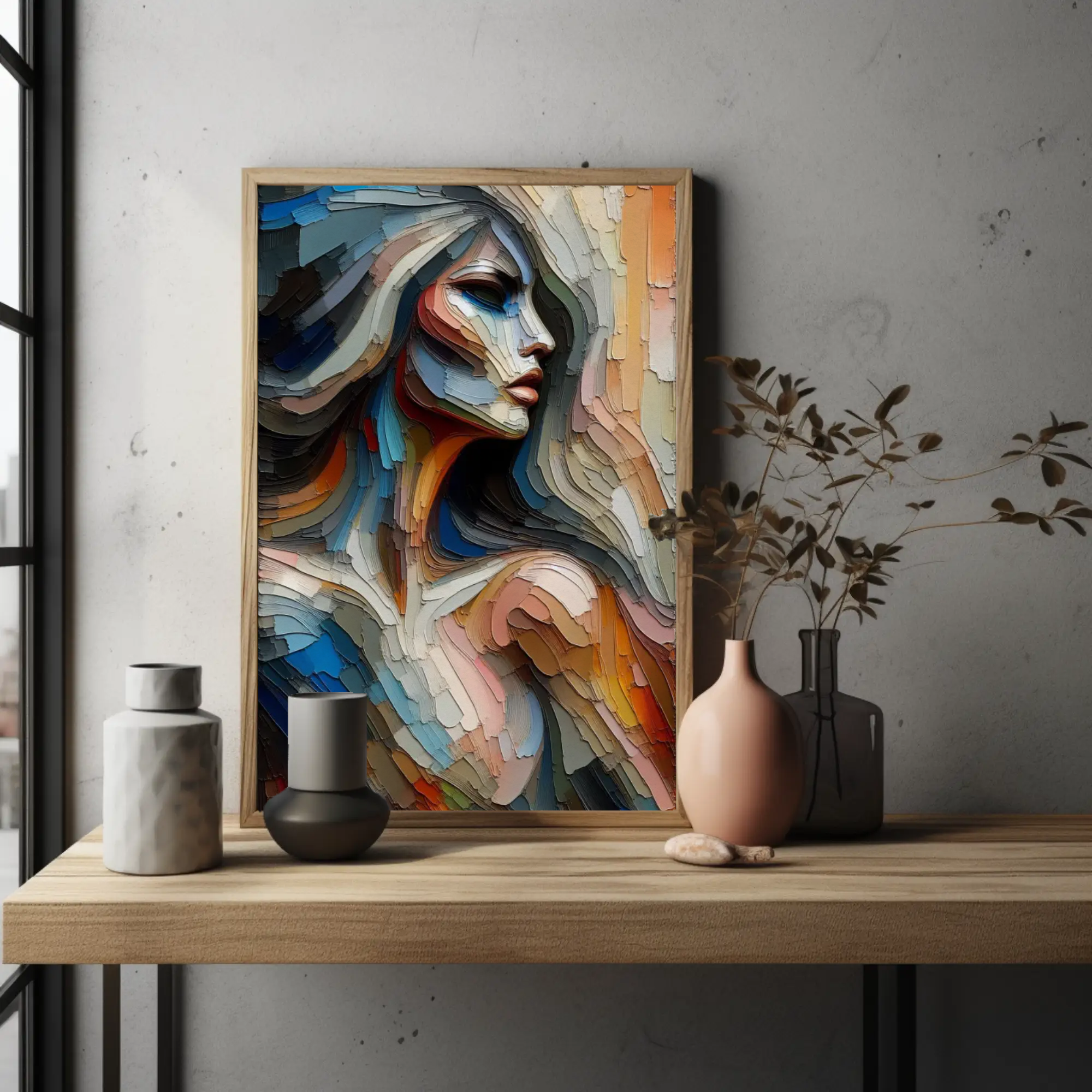 The Shape of Quiet Fine Art Print mit blauem Frauenportrait und abstrakten Pinselstrukturen über moderner Wohnzimmereinrichtung.