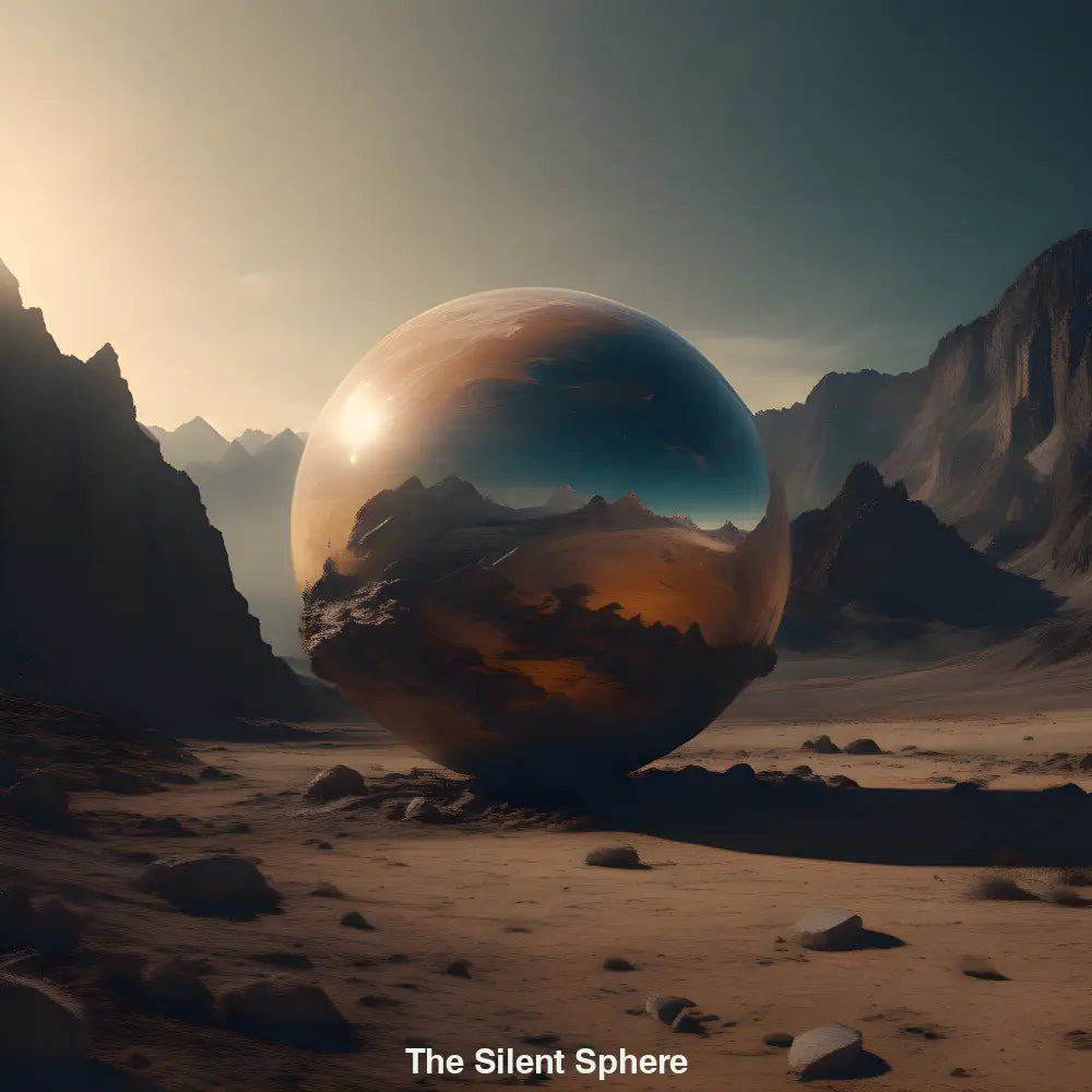 Schwebende, spiegelnde Kugel über stiller Wüstenlandschaft bei Sonnenuntergang – KI-generiertes, surreales Kunstwerk