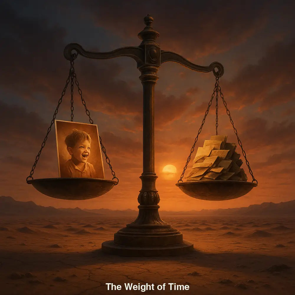 Symbolische KI-Kunst: Waage mit Kinderfoto & alten Briefen in Wüstenlandschaft bei Sonnenuntergang – Sinnbild für Zeit & Erinnerung