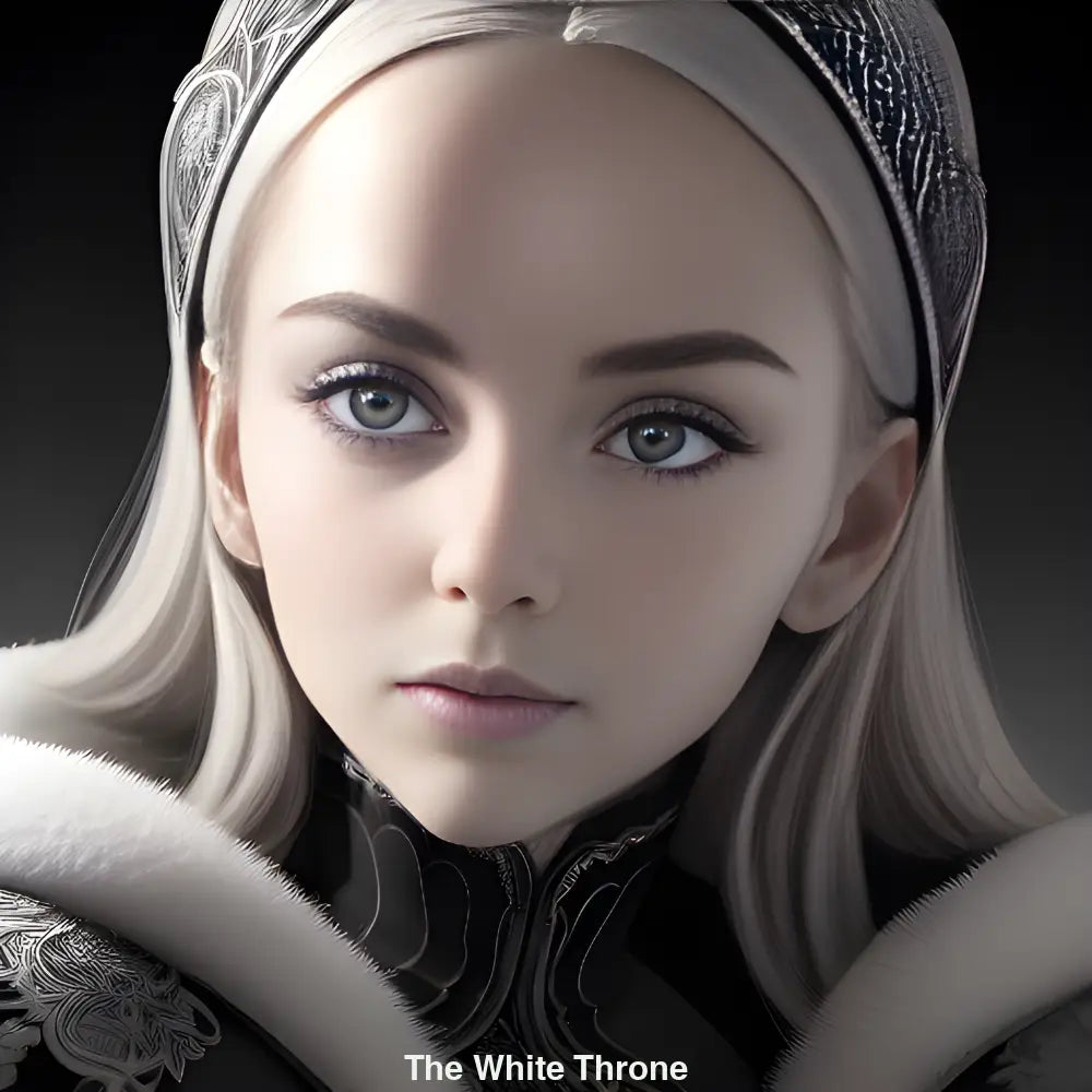Fantasy-Porträt einer eisigen Königin mit weißem Haar auf einem Thron aus Licht – KI-generiert, würdevoll und majestätisch