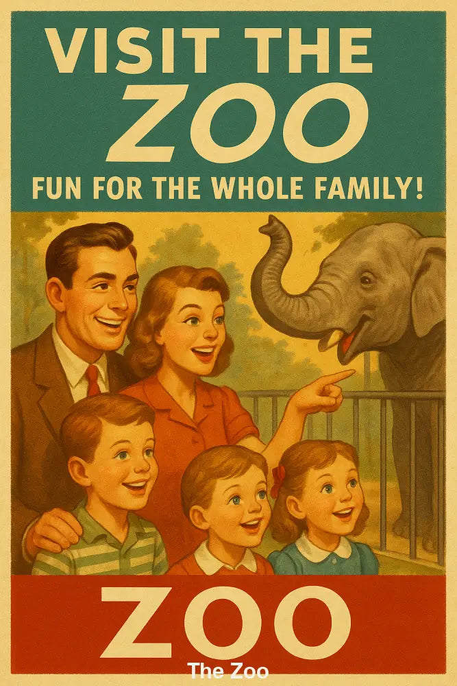 Retro-KI-Poster einer Familie im Zoo vor einem Elefanten – fröhlich, farbenfroh und im Stil der 1950er Jahre gestaltet