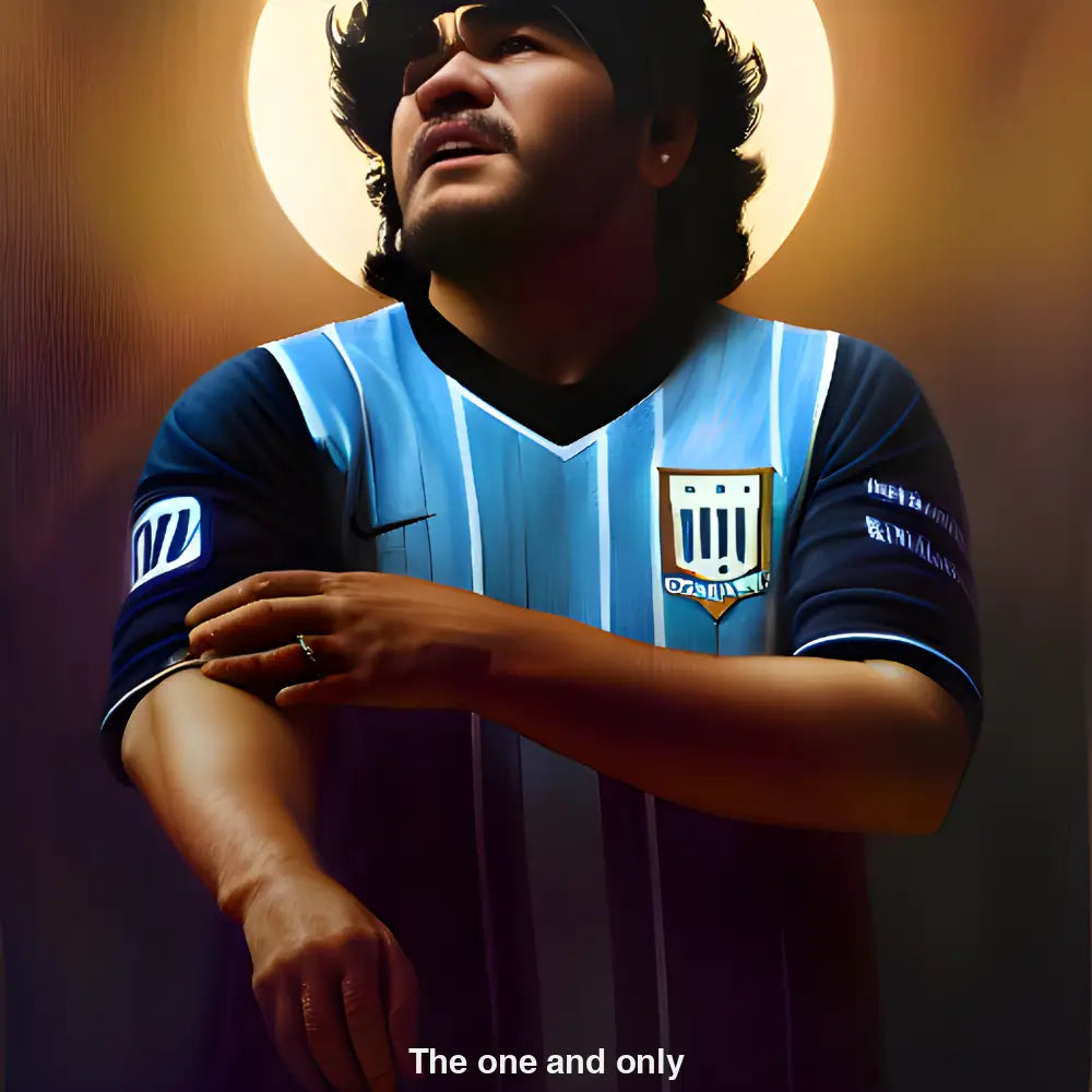 KI-generiertes Porträt von Diego Maradona in ikonischer Pose – ausdrucksstark, digital & legendär