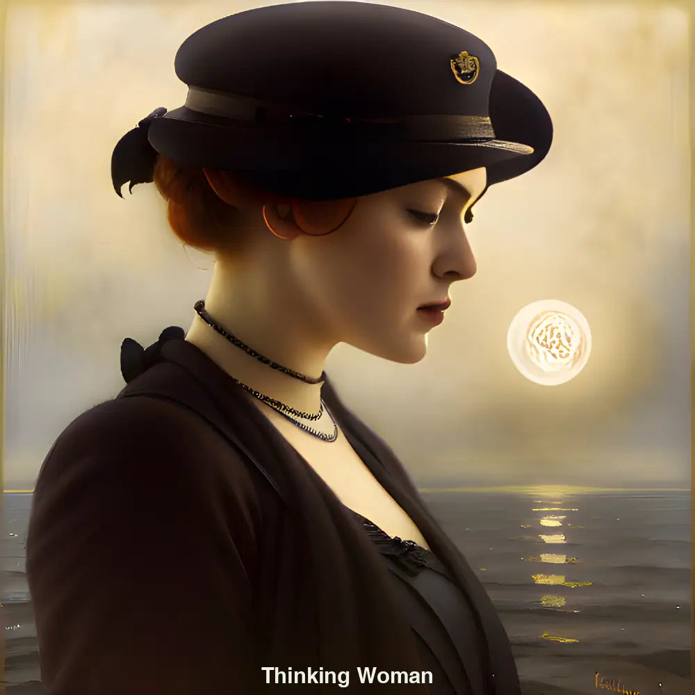 KI-generiertes Porträt einer nachdenklichen Frau im viktorianischen Kleid – historisch inspiriert, elegant und intellektuell