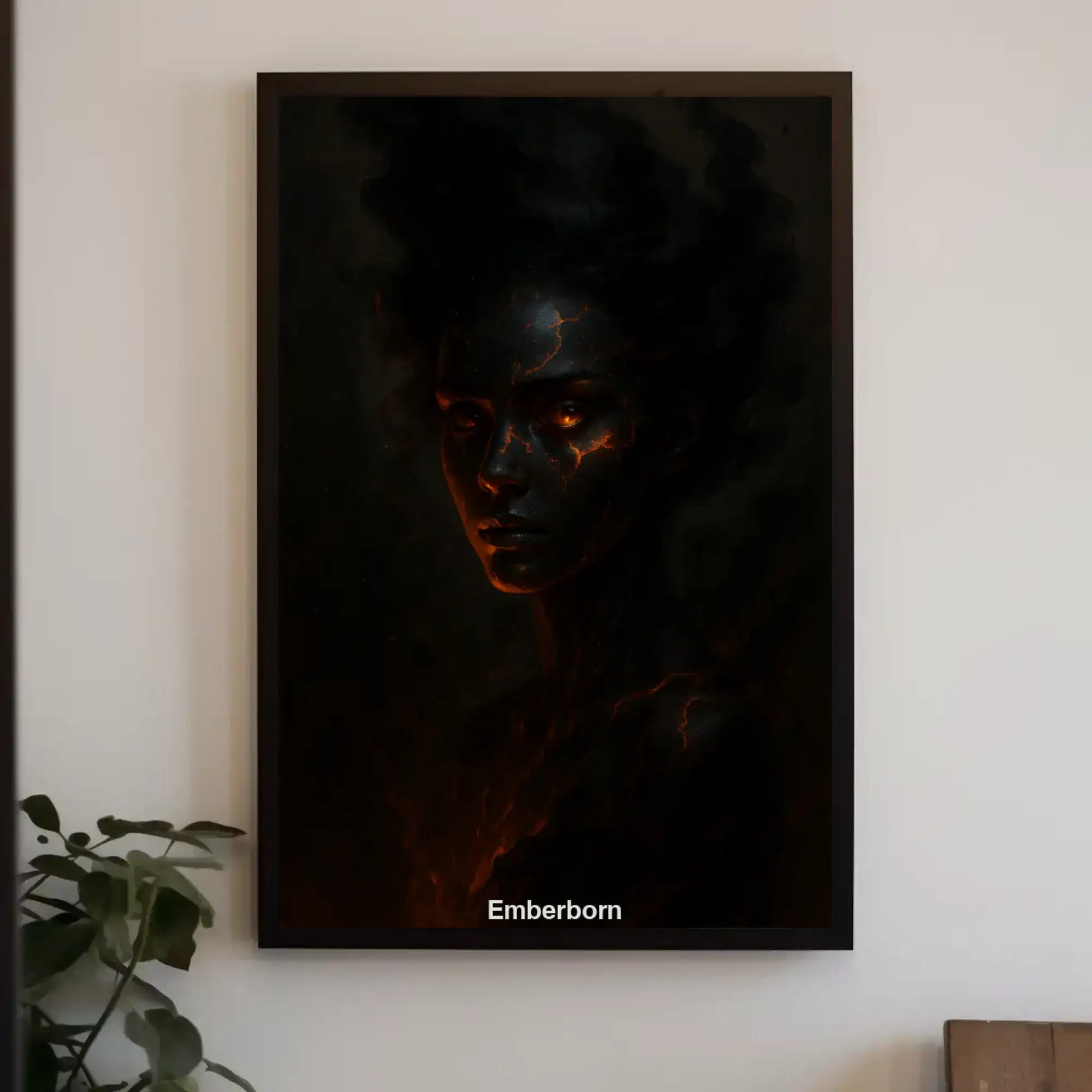 Dunkles Kunstwerk mit warmen Lichtakzenten in moderner Einrichtung