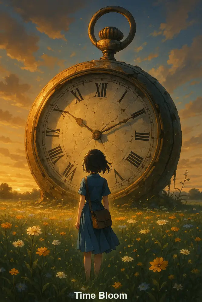 Mädchen steht vor riesiger Uhr in Blumenfeld bei Sonnenuntergang – surreale AI Art mit emotionalem Storytelling