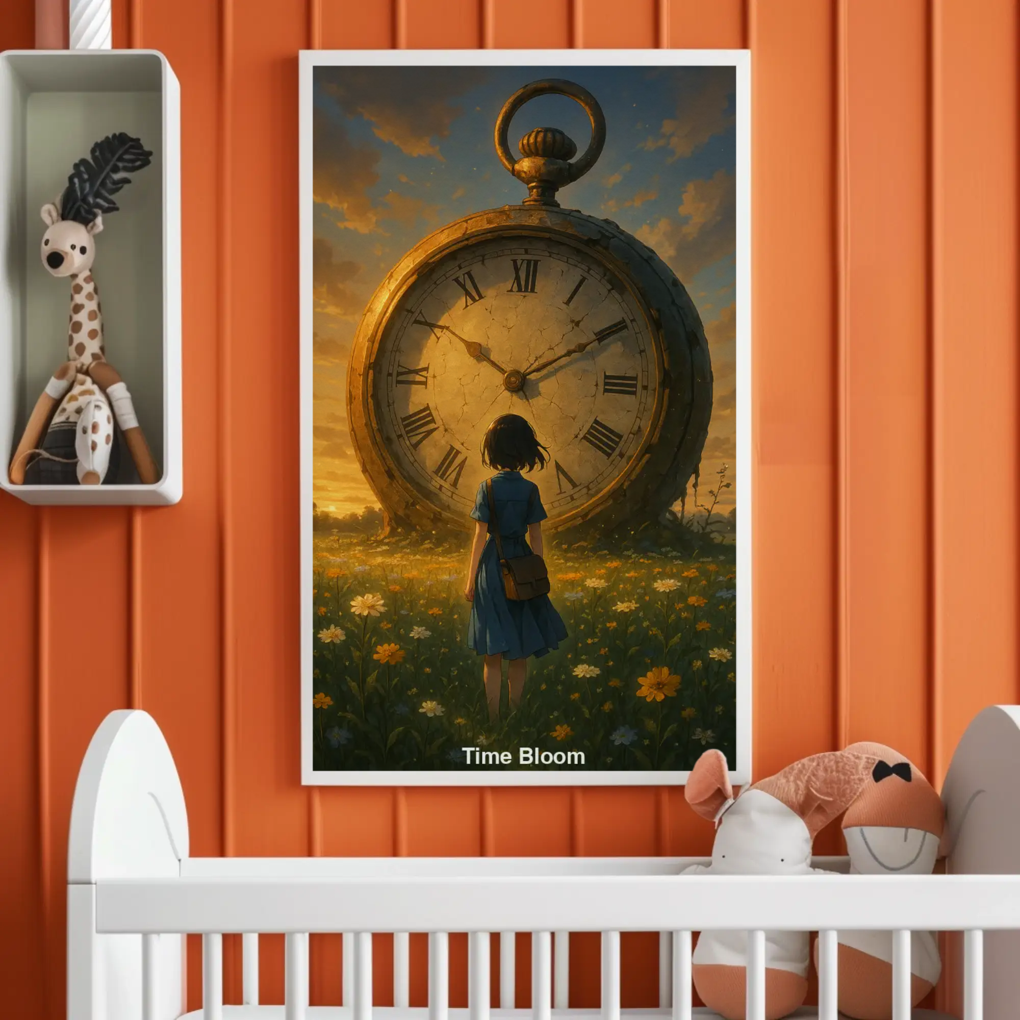 „Time Bloom“ als AI Kunstprint – Mädchen vor riesiger Uhr im Sonnenuntergang, perfekter Mix aus Retro & Surrealismus