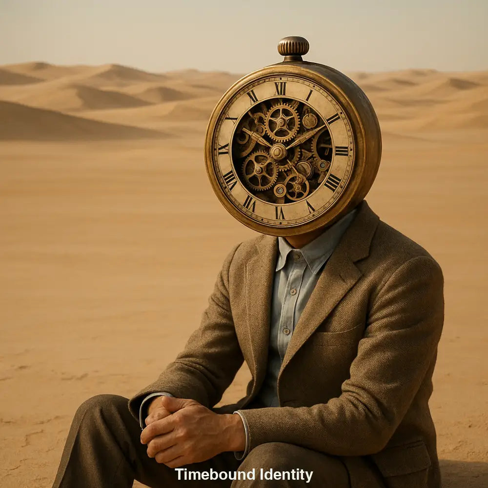 Mann mit Uhrwerk-Kopf in Wüstenlandschaft – KI-generiertes, surreales Kunstwerk über Zeit, Vergänglichkeit und menschliche Existenz