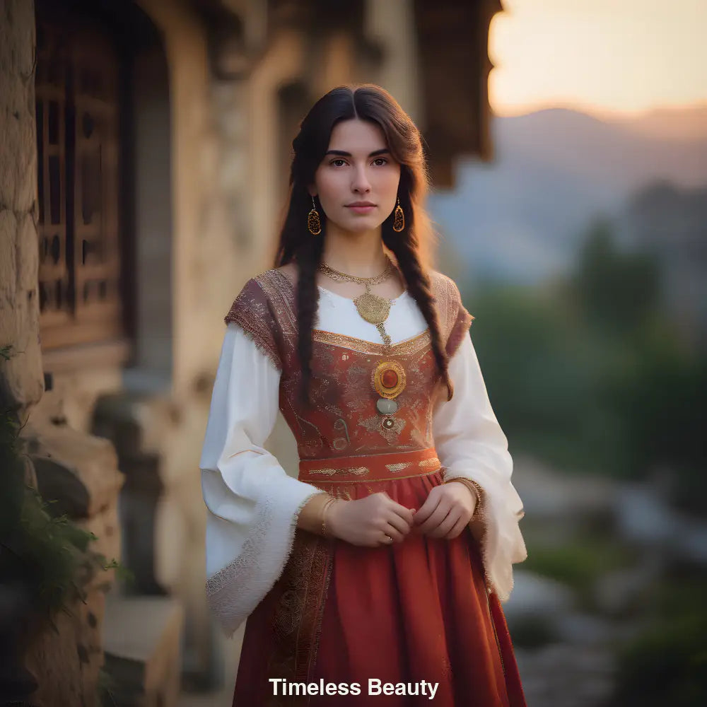 KI-generiertes Porträt einer Frau in roter Tracht bei Sonnenuntergang – traditionell, elegant und kulturell inspiriert