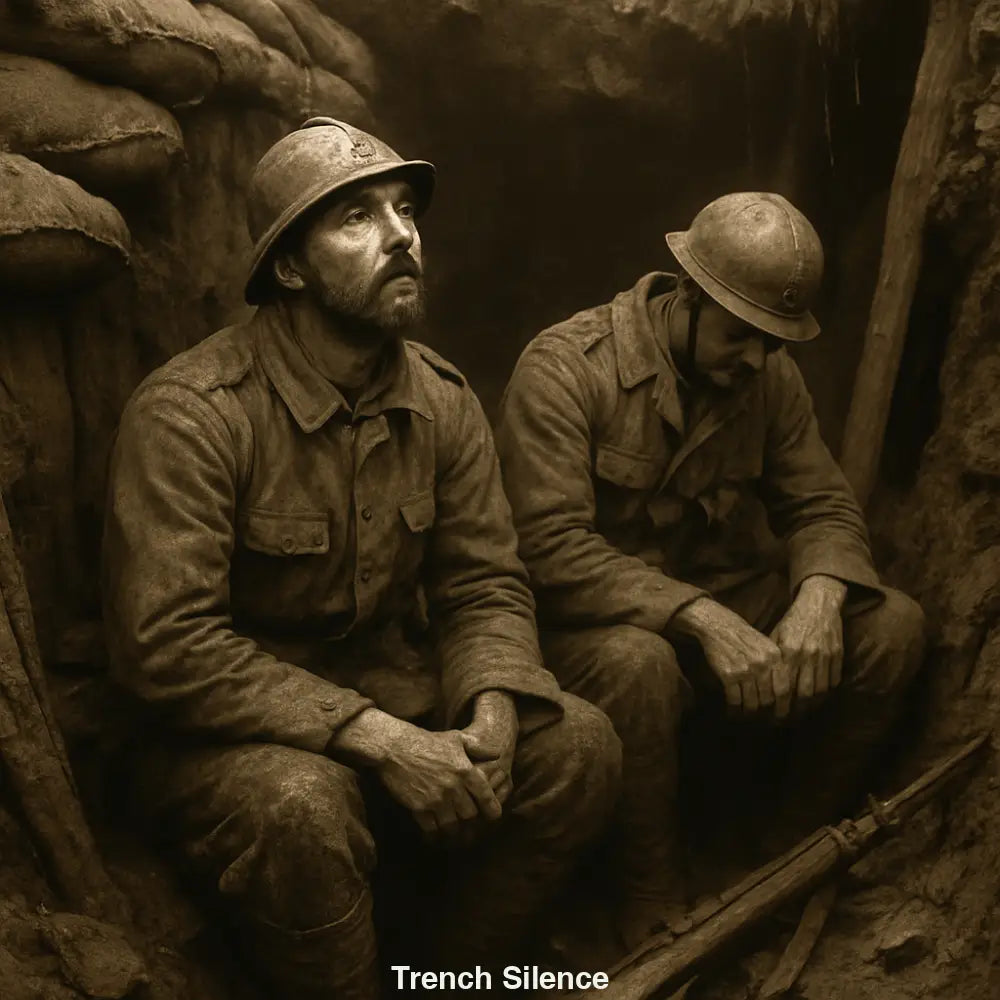 Zwei erschöpfte Soldaten im Schützengraben – KI Kunst über den Ersten Weltkrieg mit emotionaler Tiefe