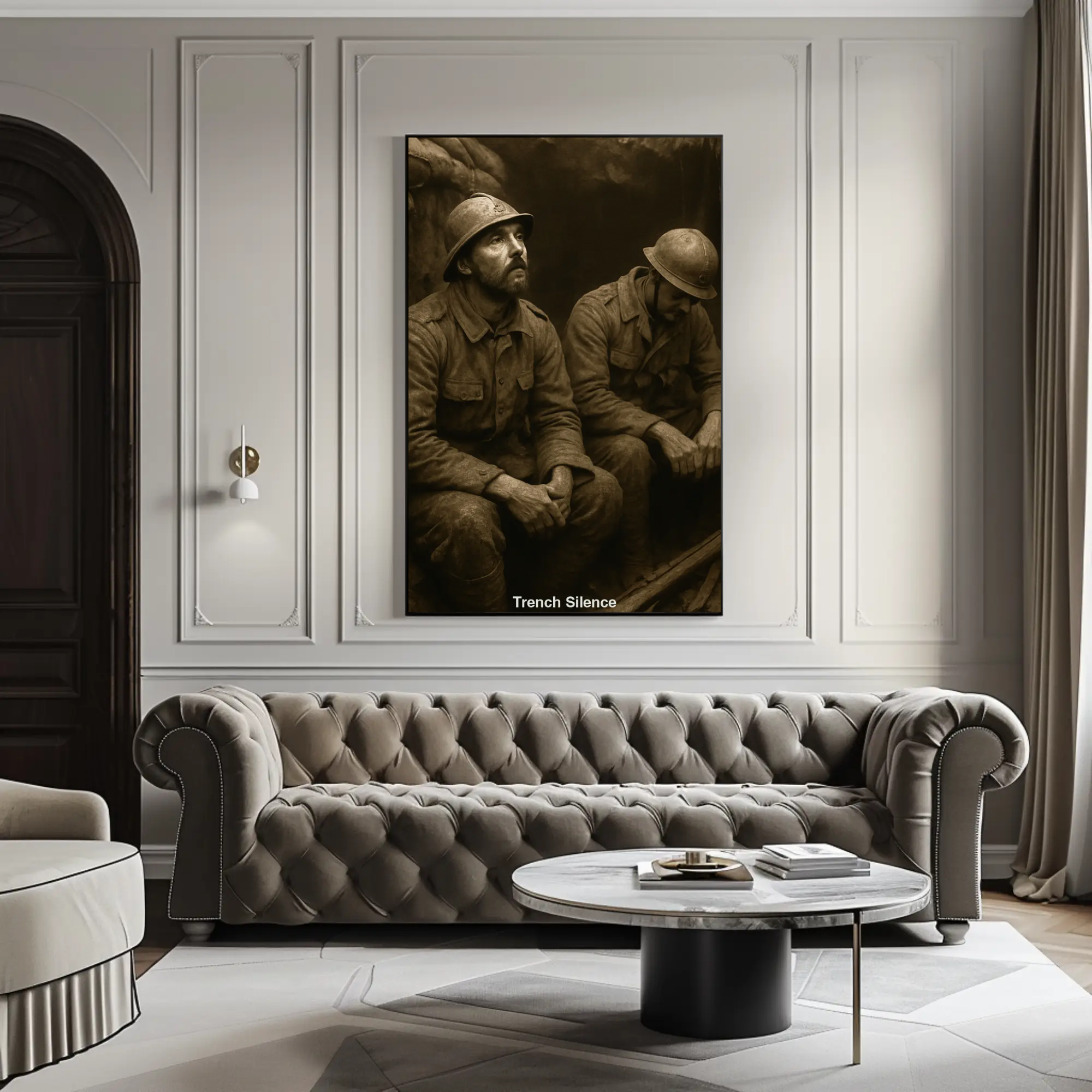 Mockup von „Trench Silence“ – zwei Weltkriegssoldaten in KI-generierter historischer Kunstszene