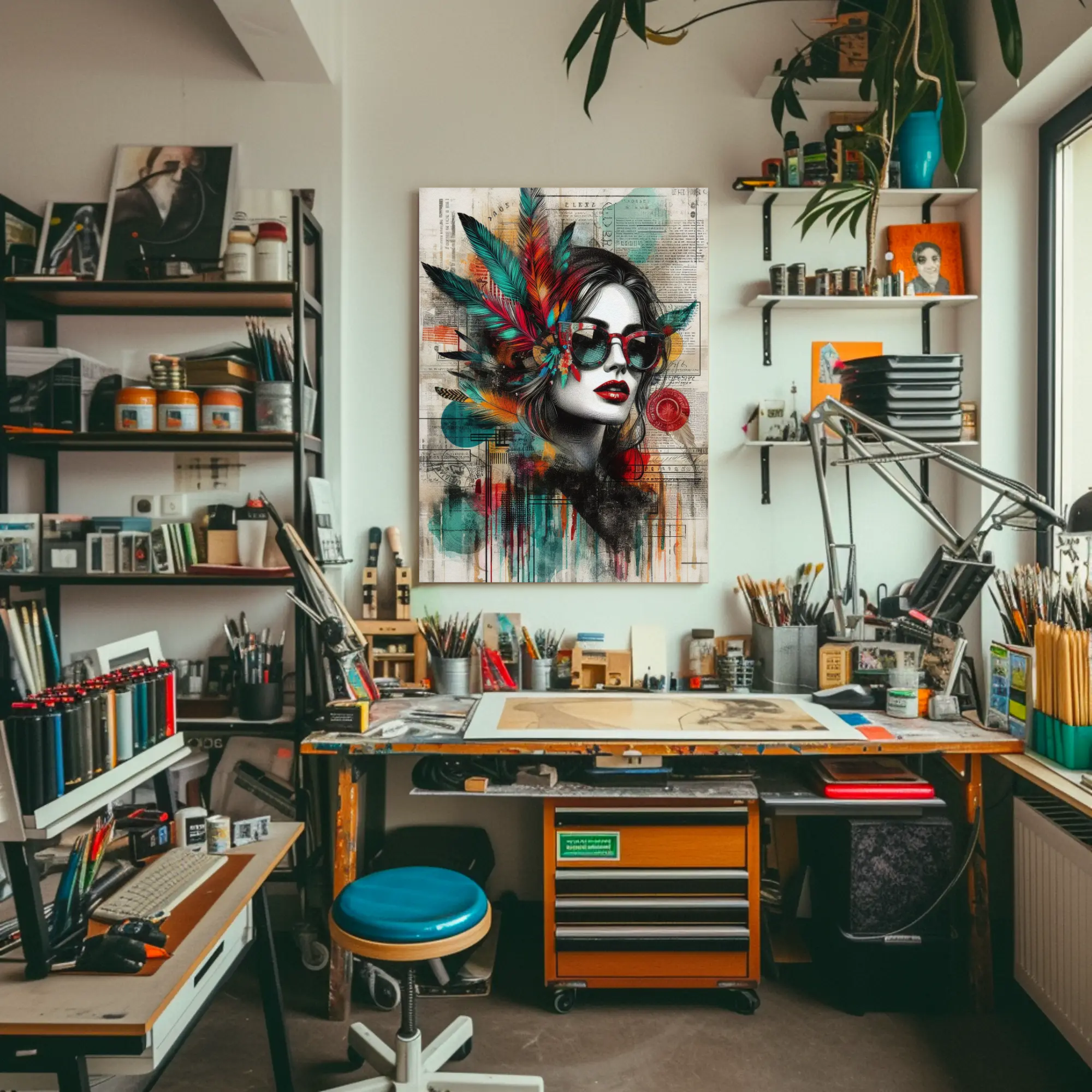 Mockup von Urban Feathers – AI Art, buntes modernes Porträt im Street-Art-Stil mit Federn.