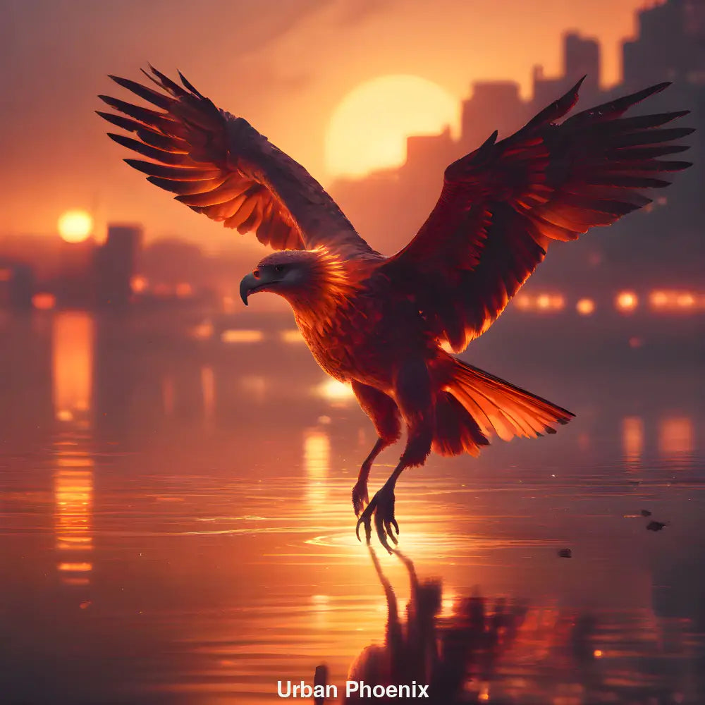 Feuriger Phönix über urbaner Skyline bei Sonnenuntergang – KI-generiertes Kunstwerk, symbolisch für Wandel und innere Stärke
