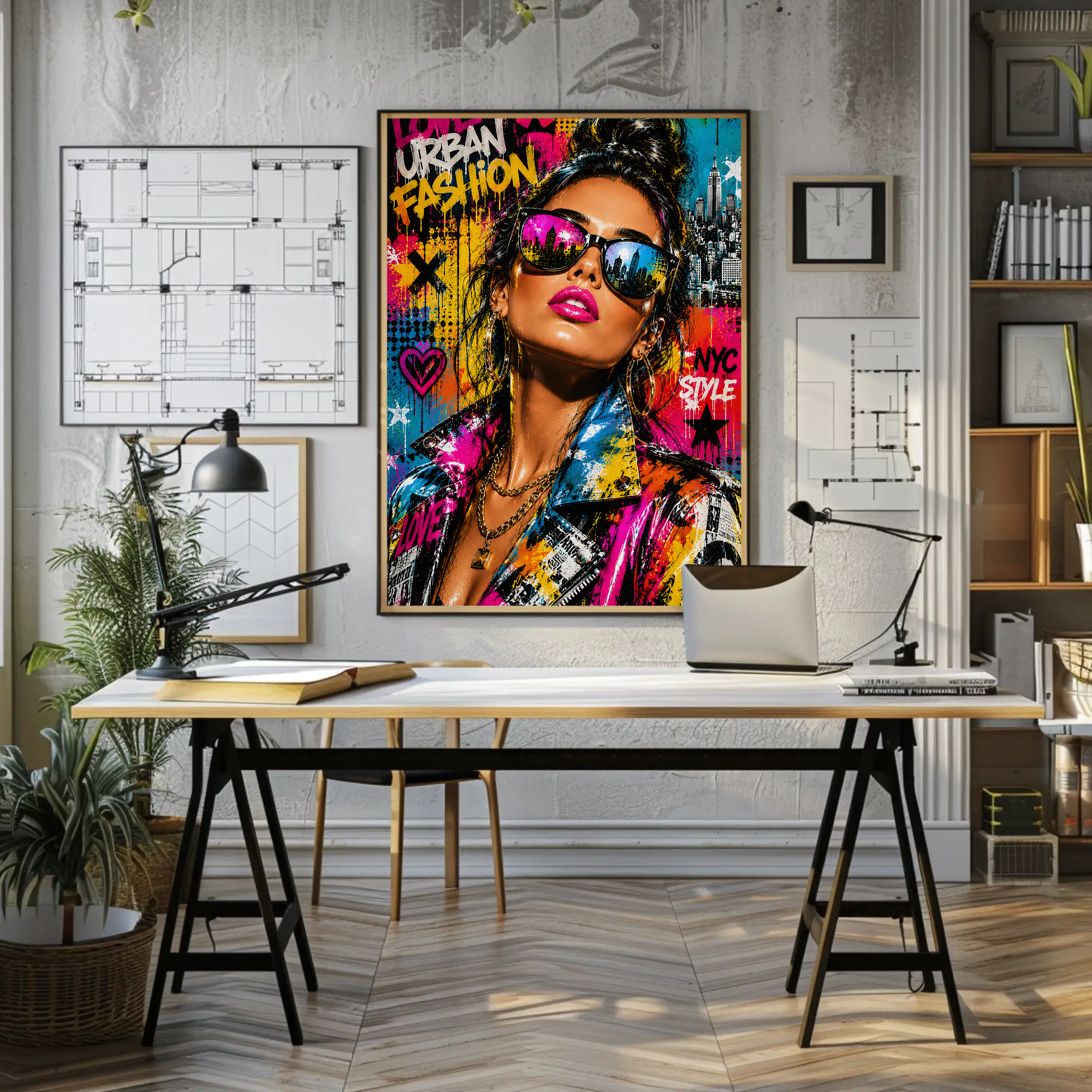 Urban Pulse Fine Art Print mit buntem Graffiti-Porträt einer Frau in einem modernen Wohnraum.