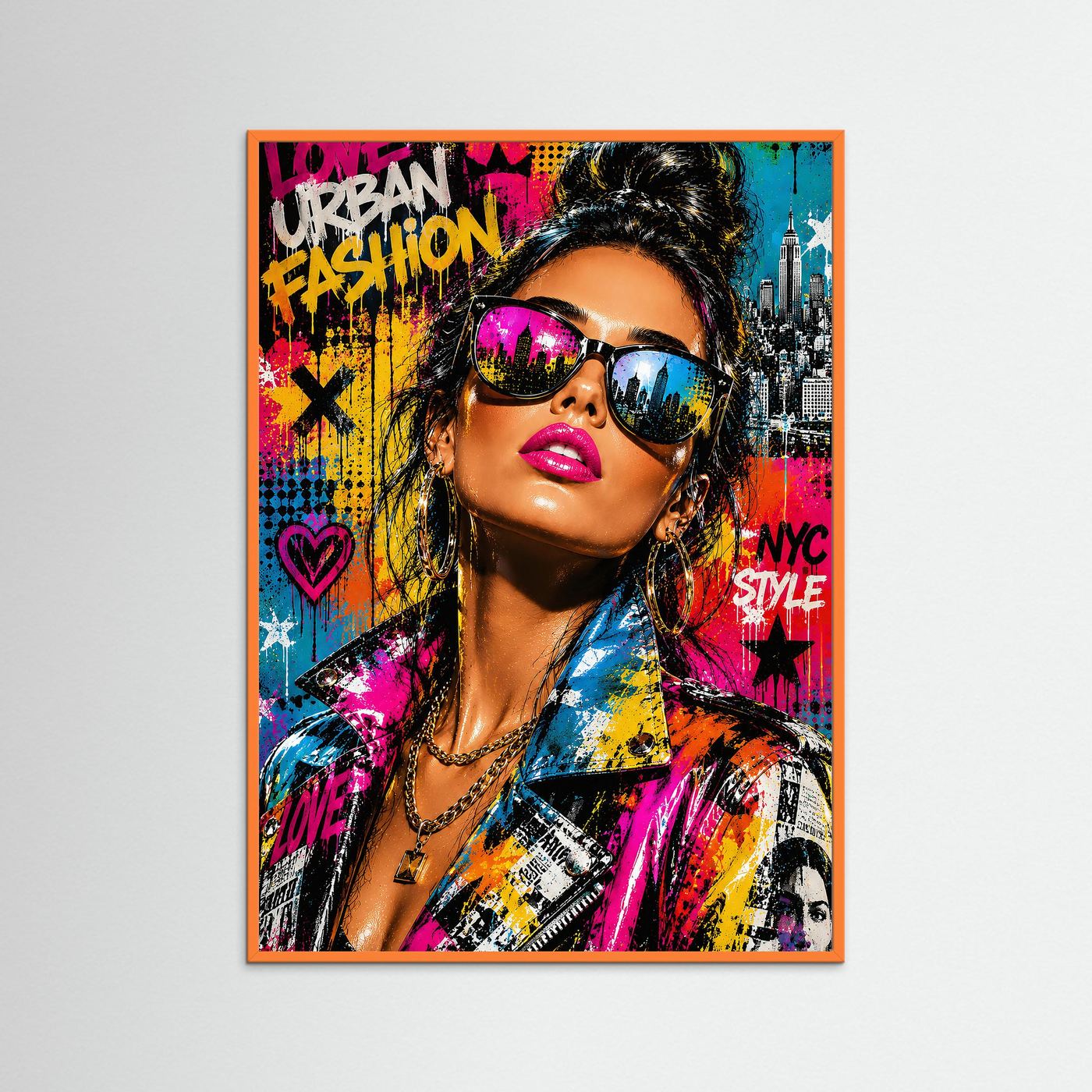 Gerahmter Kunstdruck "Urban Pulse" mit orangem Echtholzrahmen.
