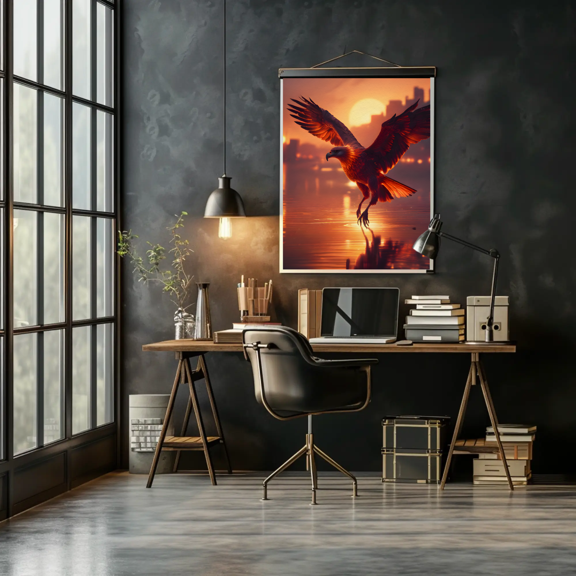 Fine Art Print mit leuchtendem Phönixmotiv in Orange- und Goldtönen über moderner Wohnzimmereinrichtung.