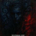 AI-Art-Gesicht in Dunkelblau und Rot, abstrakte Formen mit mystischer und intensiver Wirkung.