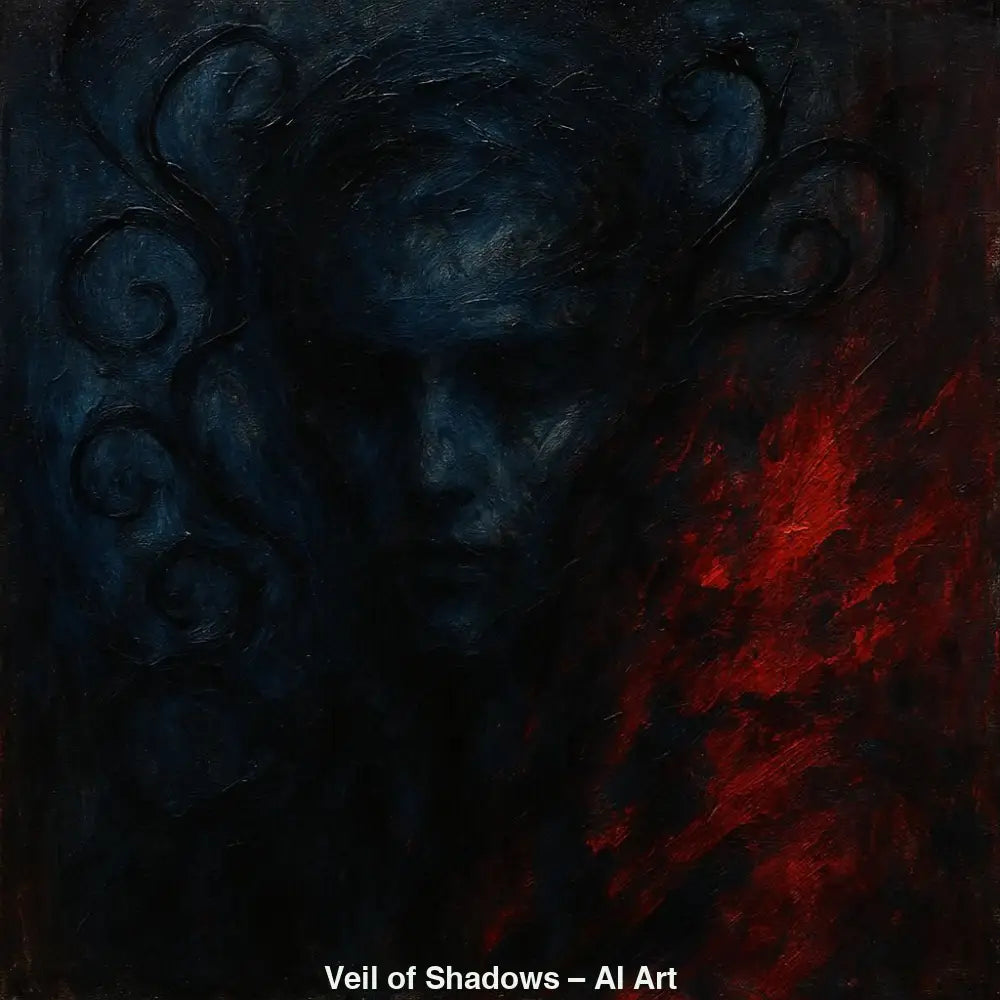 AI-Art-Gesicht in Dunkelblau und Rot, abstrakte Formen mit mystischer und intensiver Wirkung.