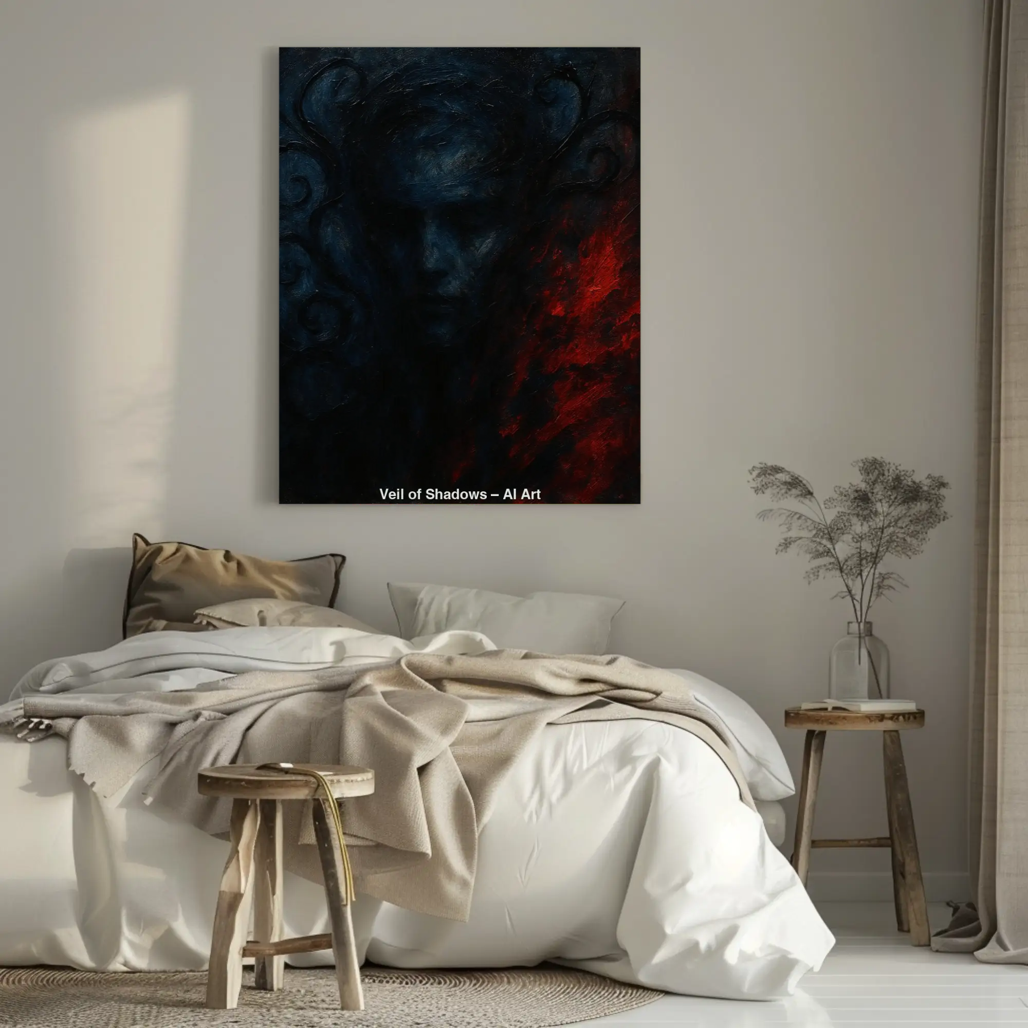 Mockup eines AI-Art-Porträts in Dunkelblau und Rot, mit abstrakten, mystischen Formen und intensiver Symbolik.