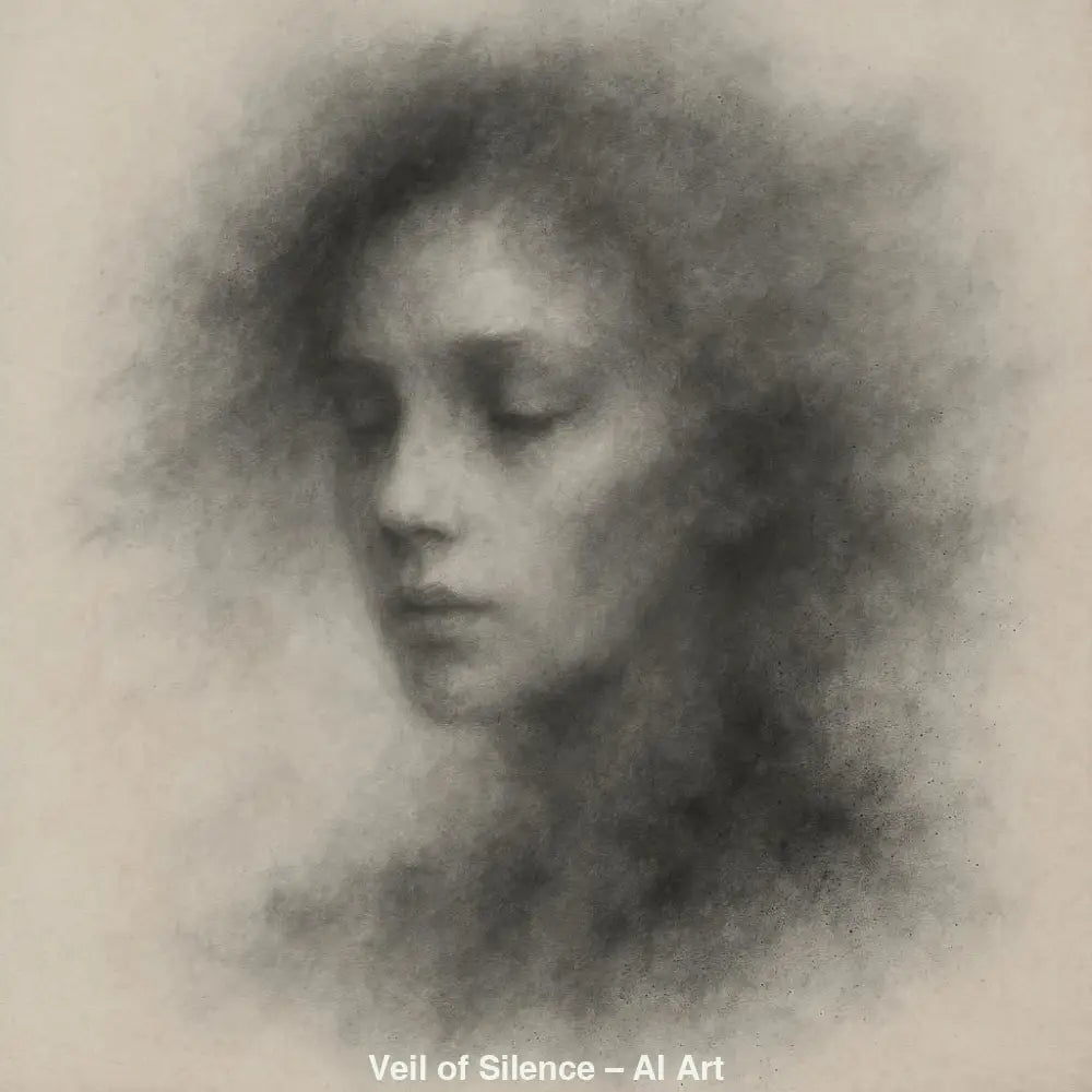 Monochromes AI-Art-Porträt einer Frau in rauchiger, nebelartiger Optik.