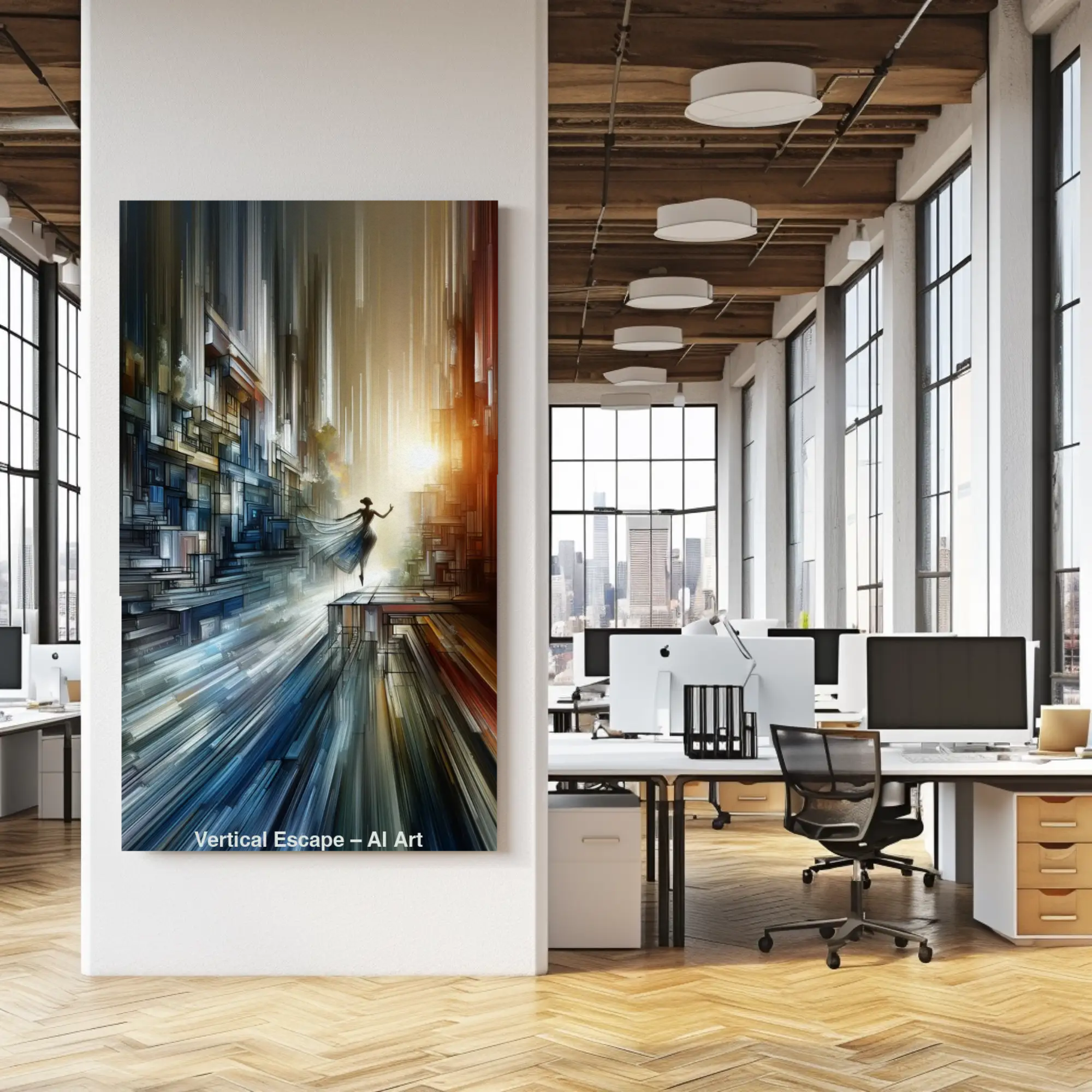 Vertical Escape Fine Art Print mit abstrakter Stadtkomposition in Blau-, Grau- und Goldtönen über moderner Einrichtung.